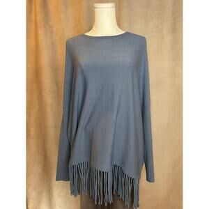 Cyrus Blue Fringe Hem Lightweight Knit Poncho Top XS Boho